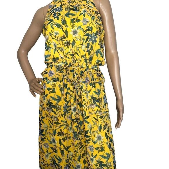 Sam Edelman Yellow Floral Sheer High Neck Peplum waist Maxi Dress - Sz 4 - Picture 4 of 10